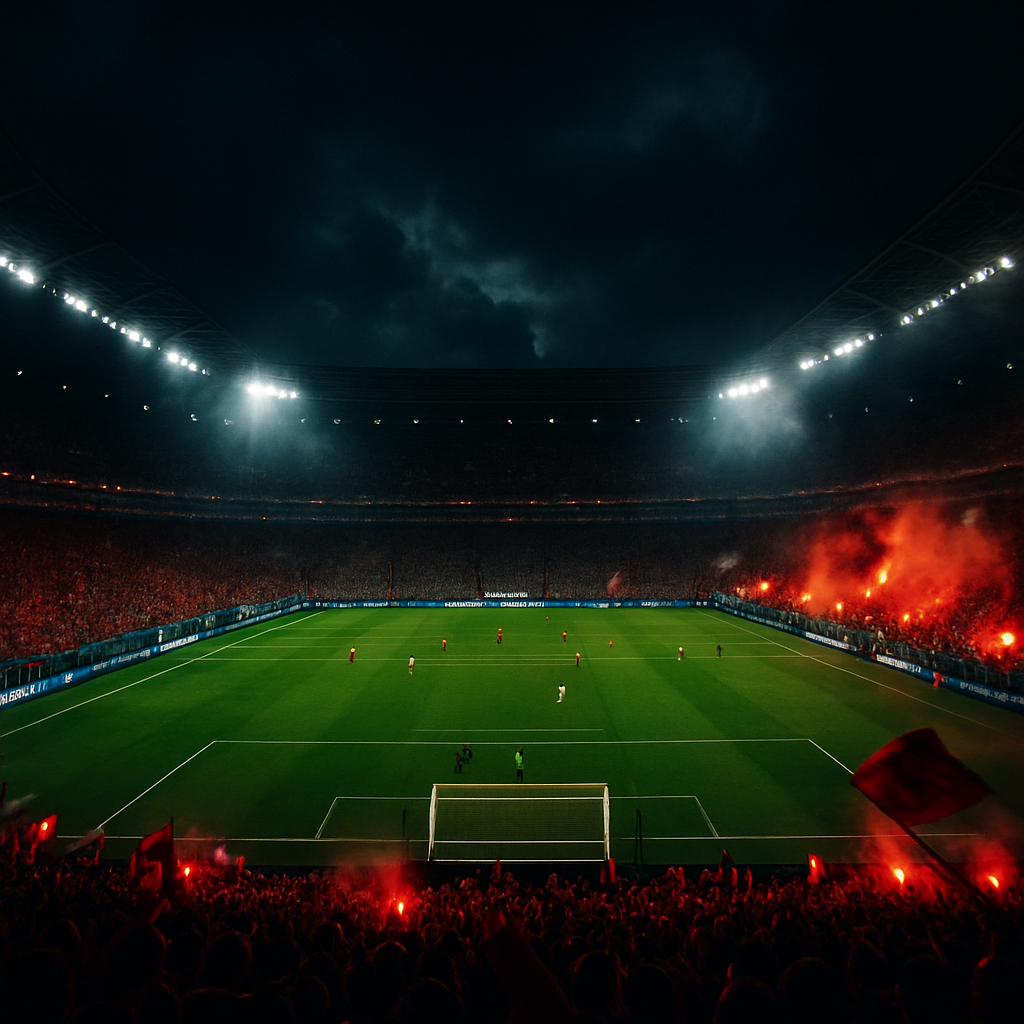 Packed World Cup stadium at night